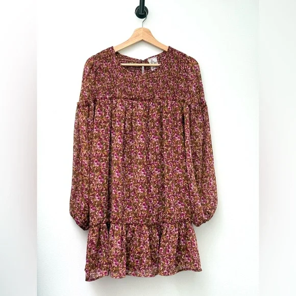 Sadie & Sage "Dear Rosaline" Floral Mini Shift Dress Long-Sleeve Ruffle Dress - Picture 2 of 8